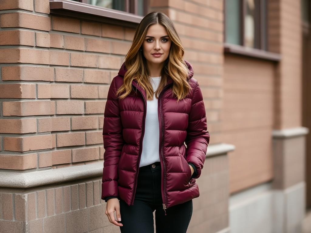 stylish burgundy women's puffer jacket stylish burgundy women's puffer jacketфото